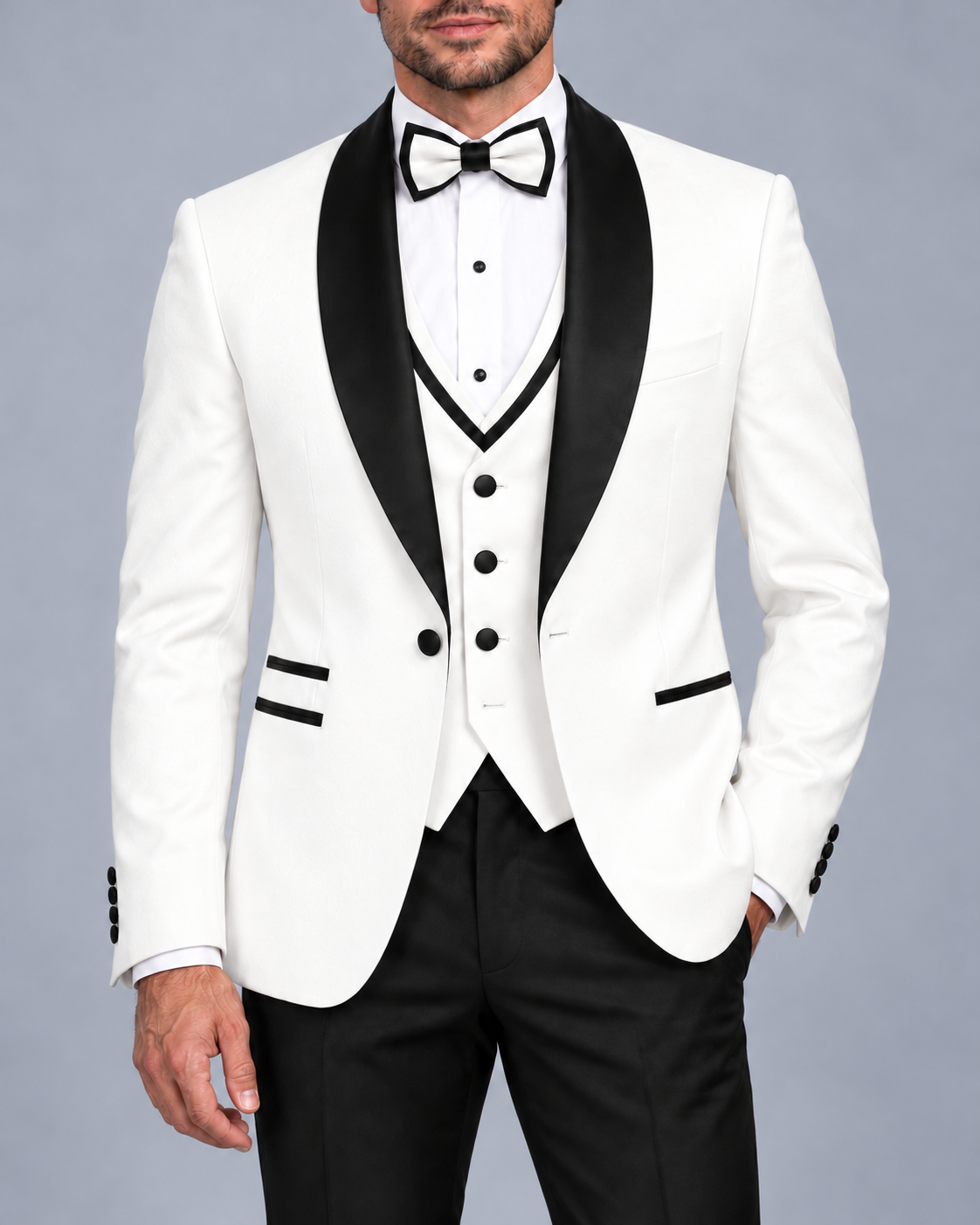 Shawl | Off-White Tuxedo Set with Black Satin Shawl Lapel