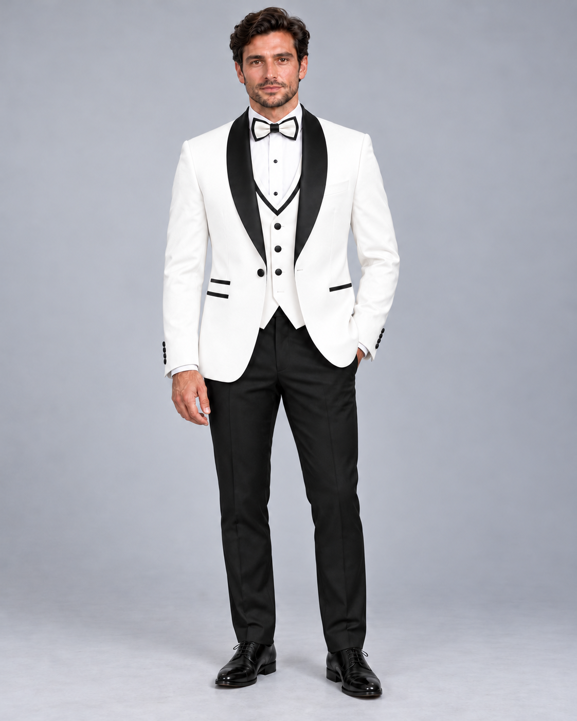 Shawl | Off-White Tuxedo Set with Black Satin Shawl Lapel