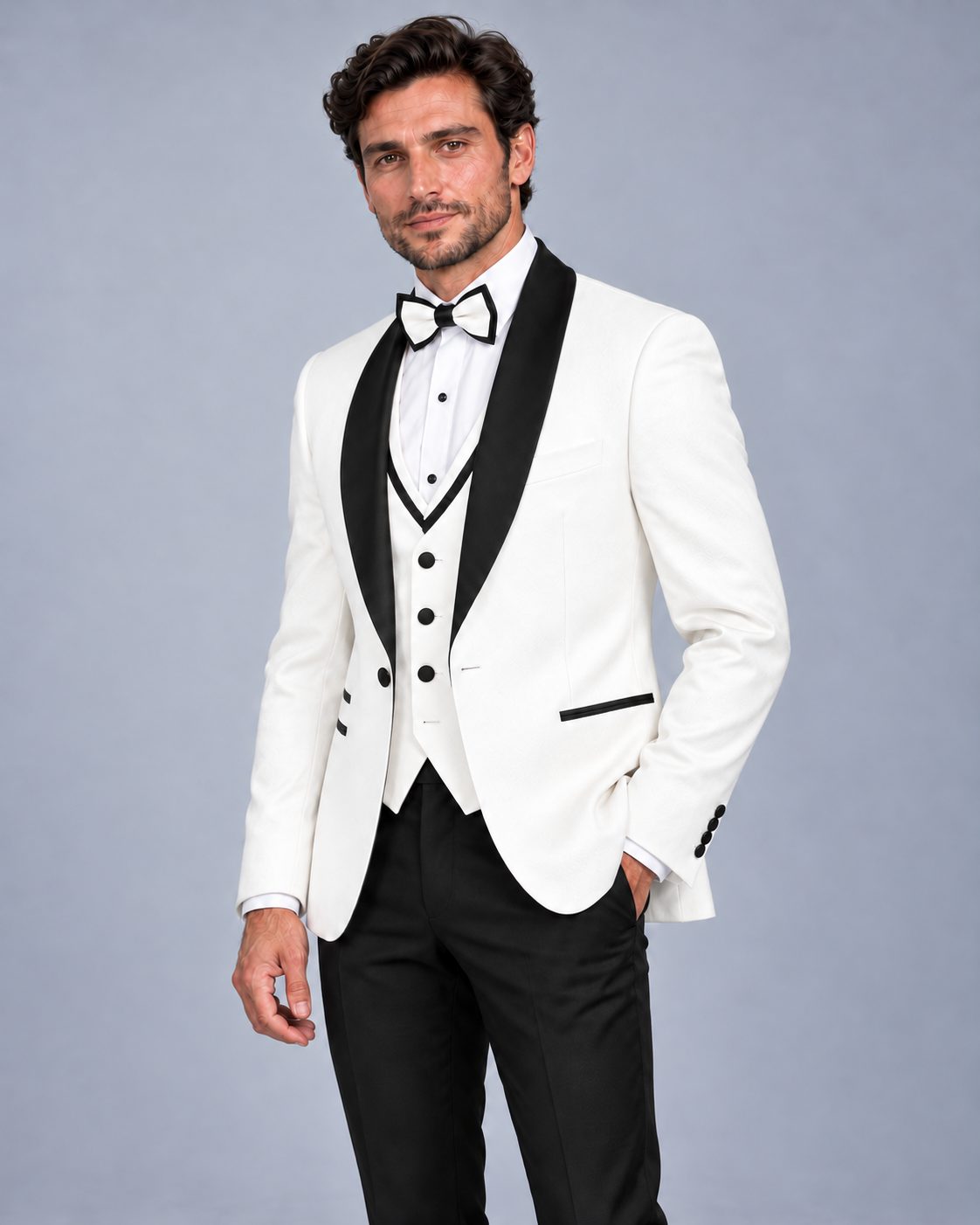 Shawl | Off-White Tuxedo Set with Black Satin Shawl Lapel